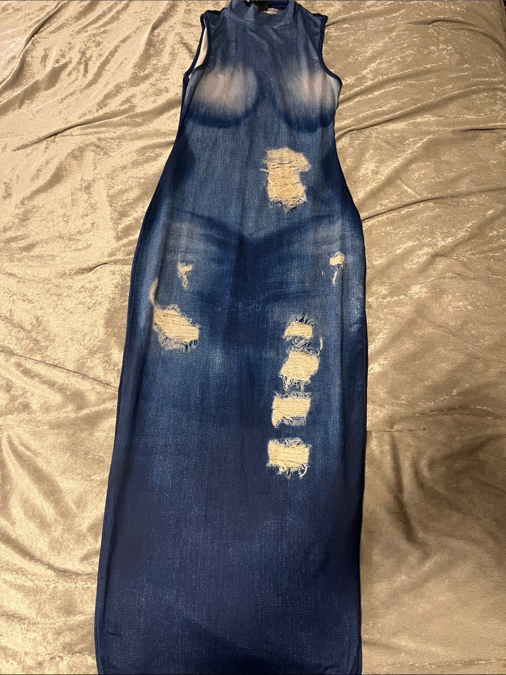 Sleeveless Distressed Navy Blue Maxi Dress